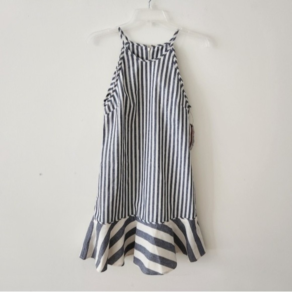 Nicholas Santorini Linen Striped Ruffle Bottom Shift Dress White 2 NWT Coastal